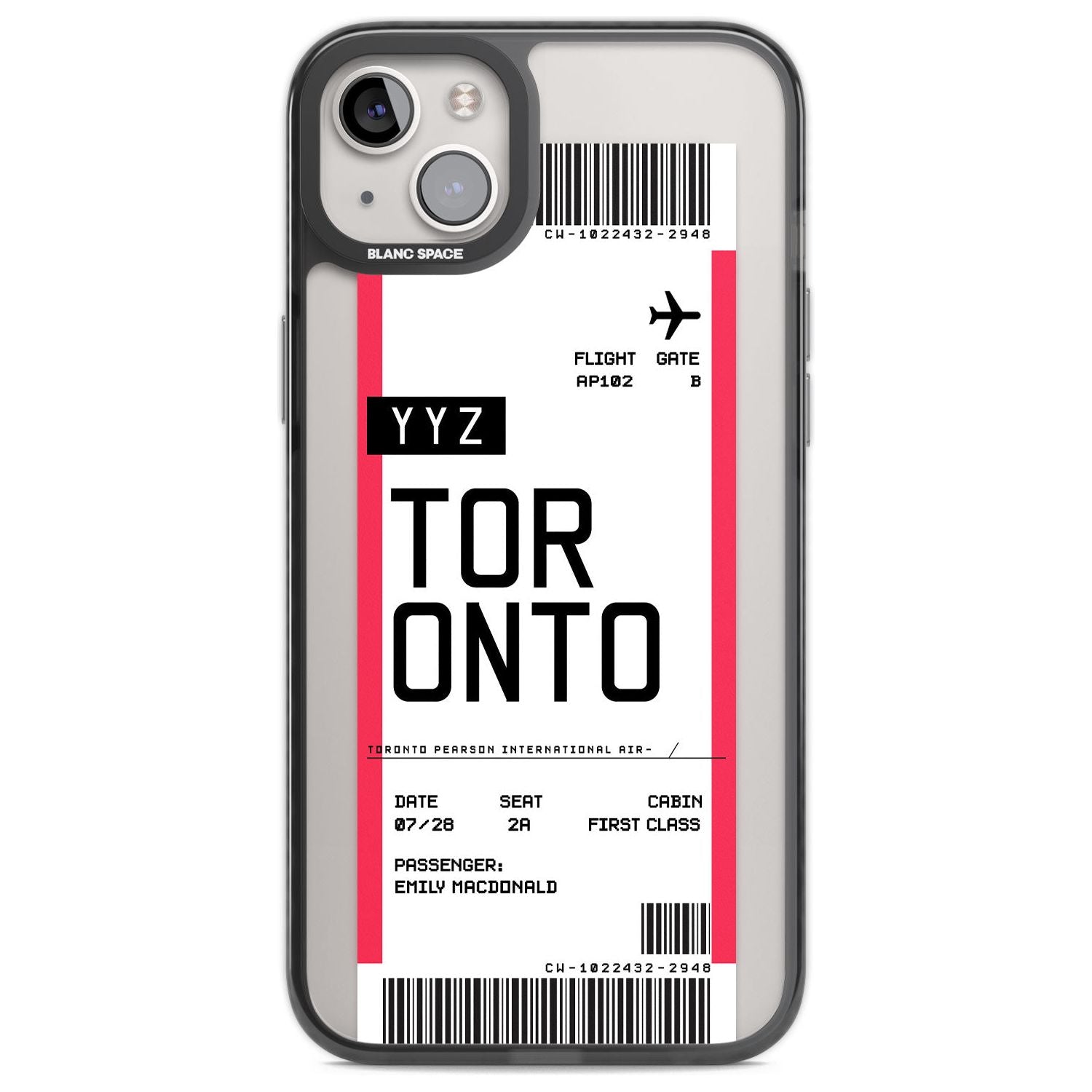 Personalised Toronto Boarding Pass Custom Phone Case iPhone 14 Plus / Black Impact Case Blanc Space