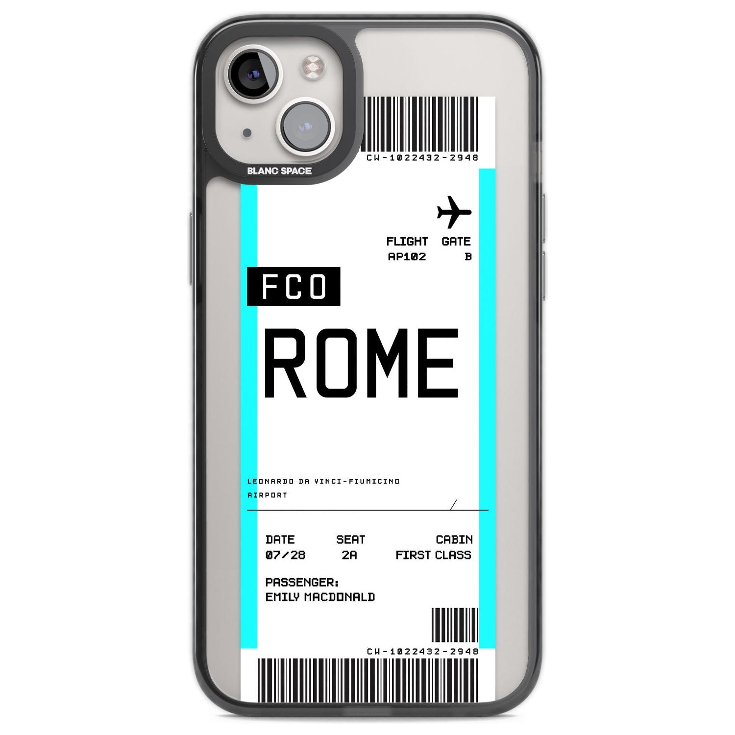 Personalised Rome Boarding Pass Custom Phone Case iPhone 14 Plus / Black Impact Case Blanc Space