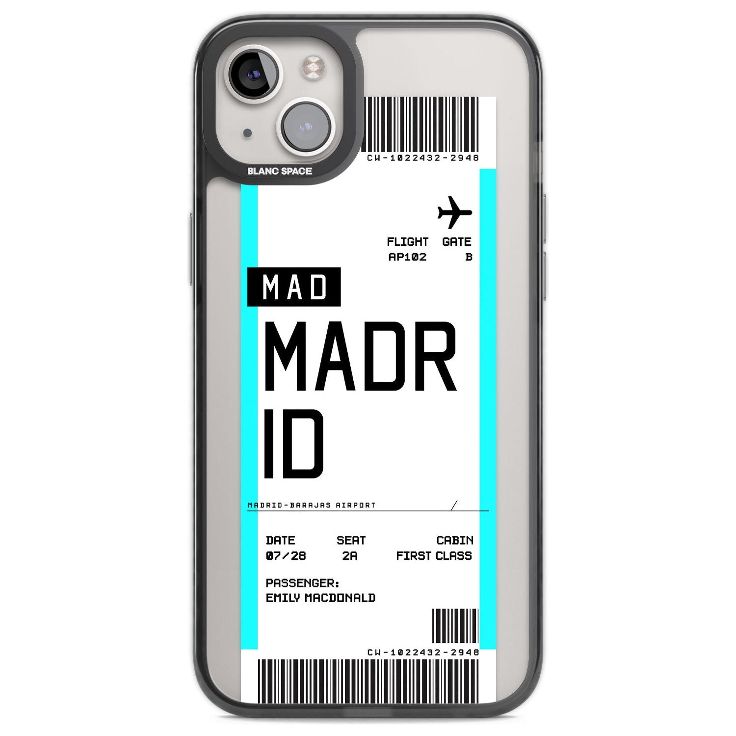 Personalised Madrid Boarding Pass Custom Phone Case iPhone 14 Plus / Black Impact Case Blanc Space