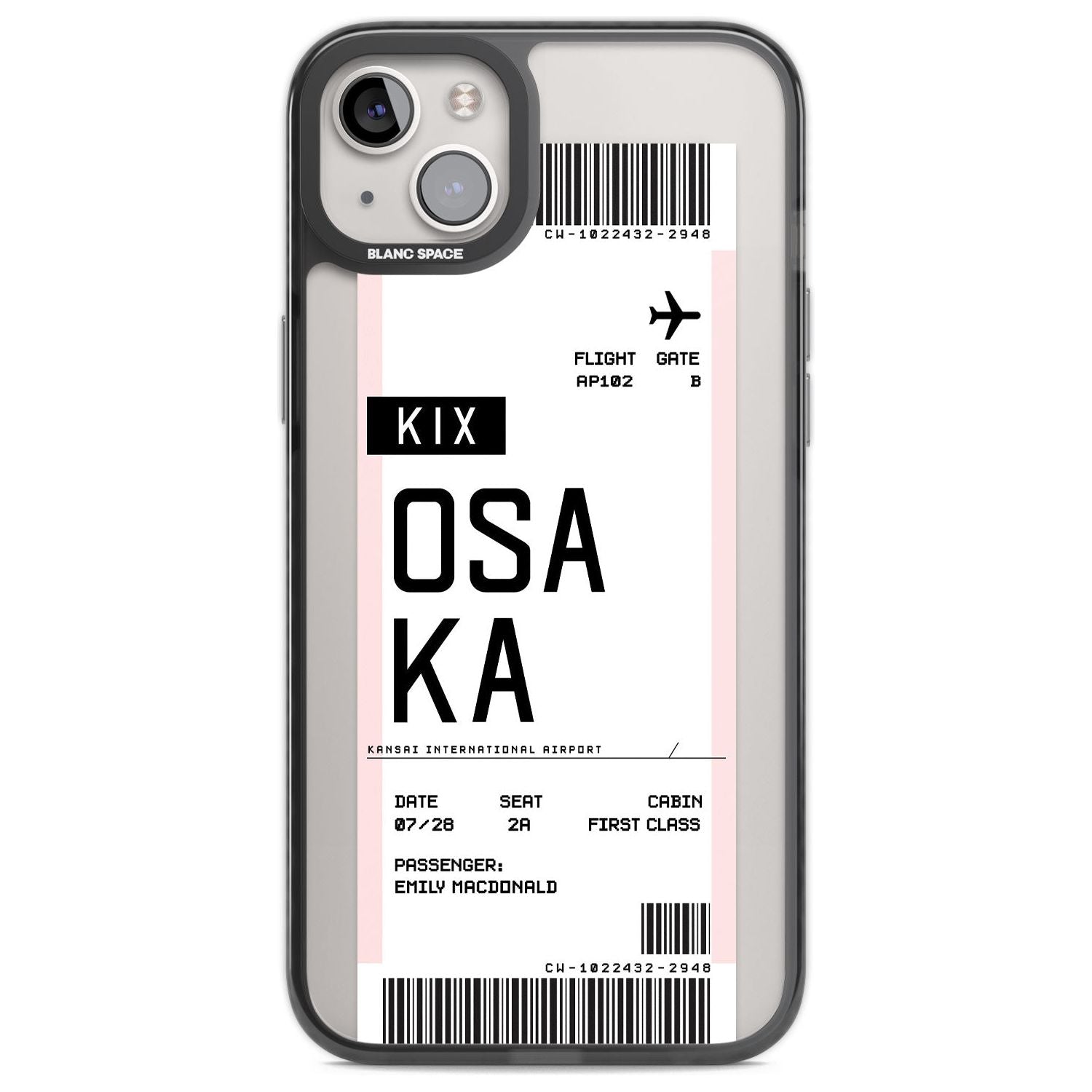 Personalised Osaka Boarding Pass Custom Phone Case iPhone 14 Plus / Black Impact Case Blanc Space