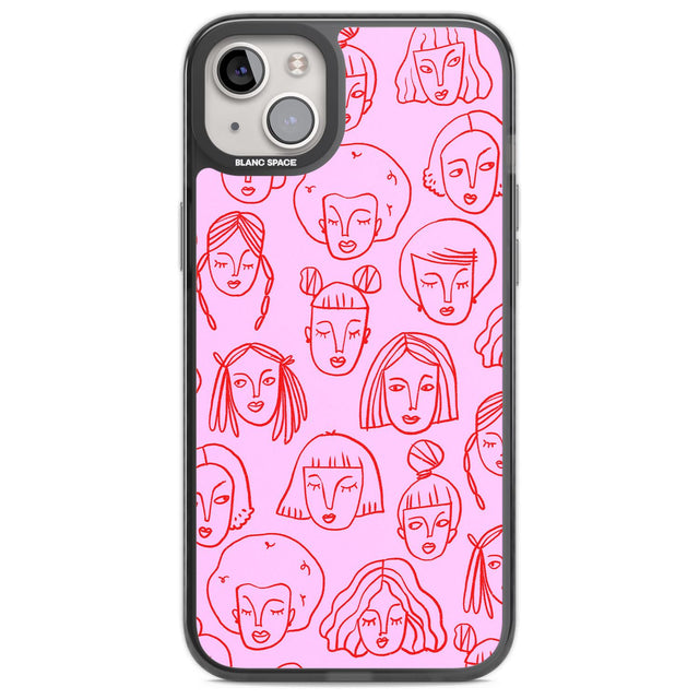 Girl Portrait Doodles in Pink & Red Phone Case iPhone 14 Plus / Black Impact Case Blanc Space