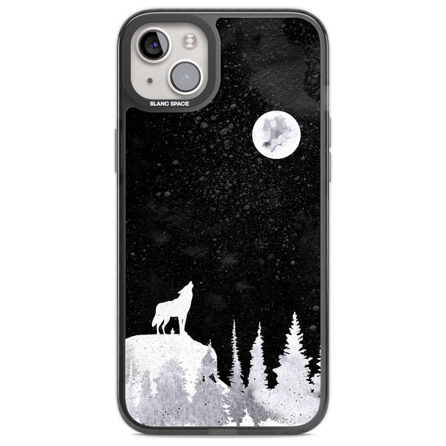 Moon Phases: Wolf & Full Moon Phone Case iPhone 14 Plus / Black Impact Case Blanc Space