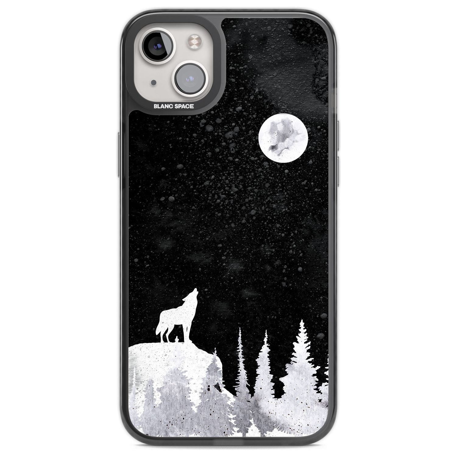 Moon Phases: Wolf & Full Moon Phone Case iPhone 14 Plus / Black Impact Case Blanc Space