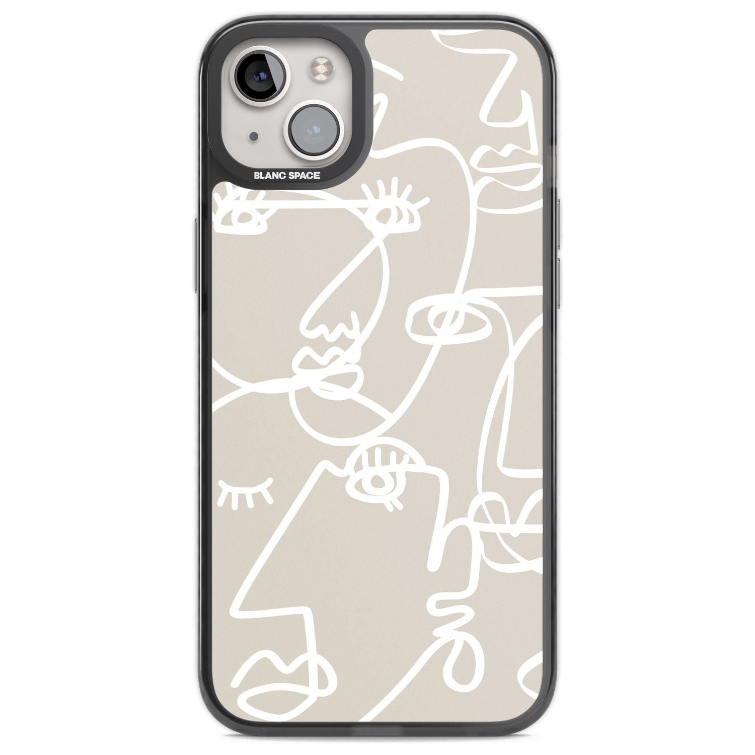 Abstract Continuous Line Faces White on Beige Phone Case iPhone 14 Plus / Black Impact Case Blanc Space