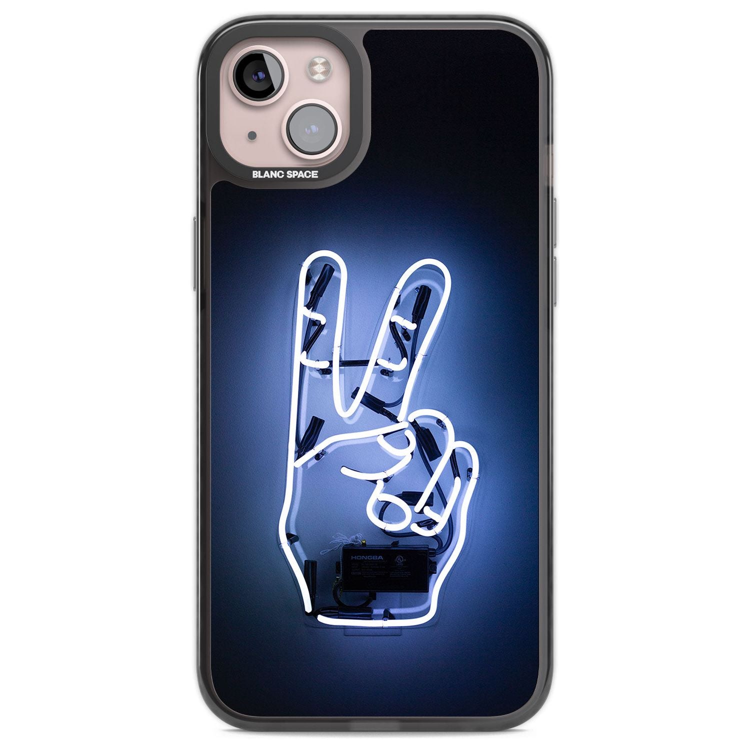 Peace Sign Hand Neon Sign Phone Case iPhone 14 Plus / Black Impact Case Blanc Space