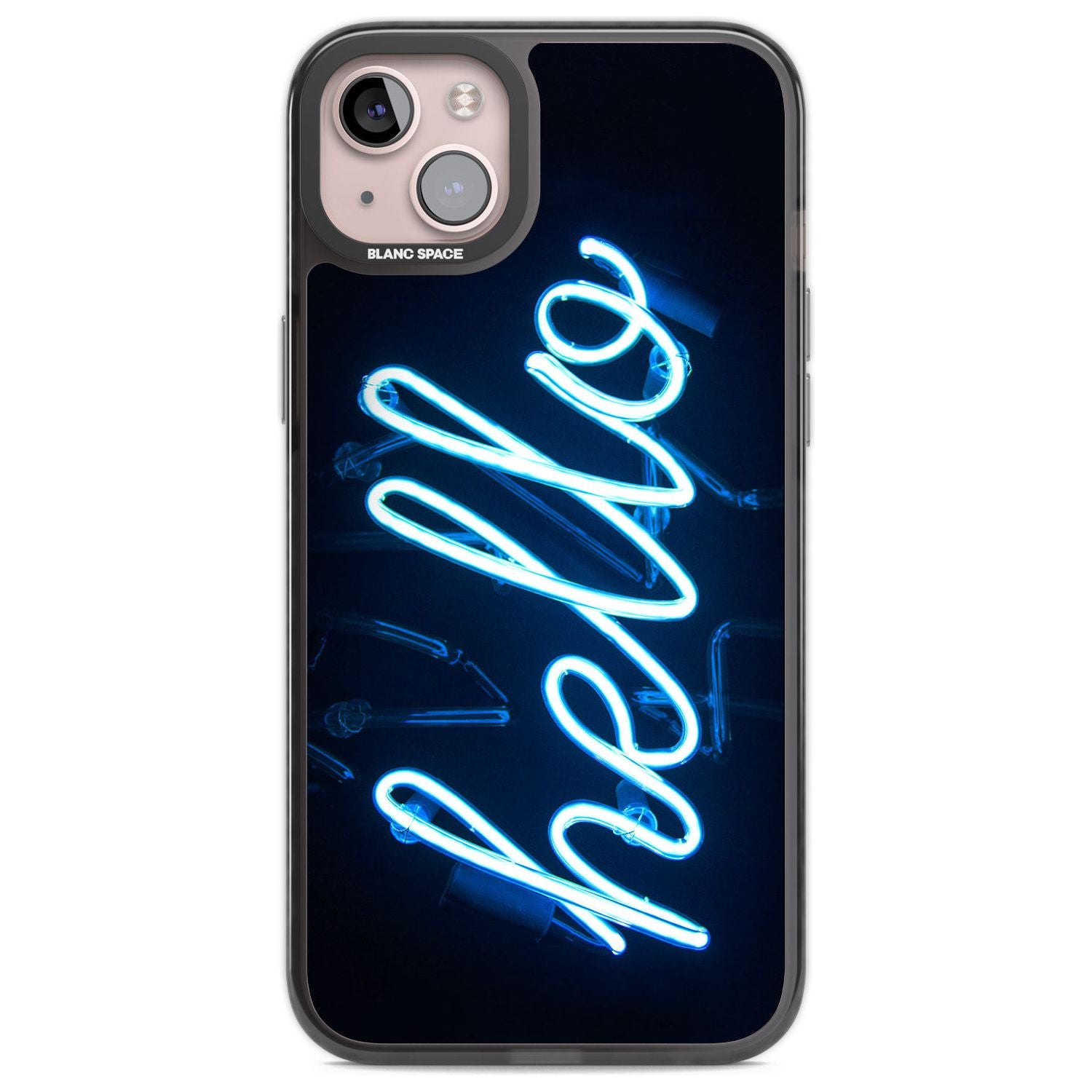 "Hello" Blue Cursive Neon Sign Phone Case iPhone 14 Plus / Black Impact Case Blanc Space