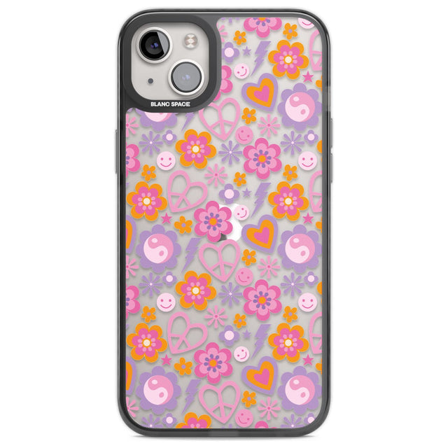 Peace, Love and Flowers Pattern Phone Case iPhone 14 Plus / Black Impact Case Blanc Space