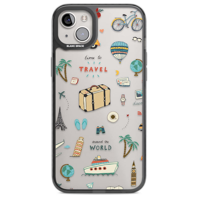 Cute Travel Pattern Transparent Phone Case iPhone 14 Plus / Black Impact Case Blanc Space