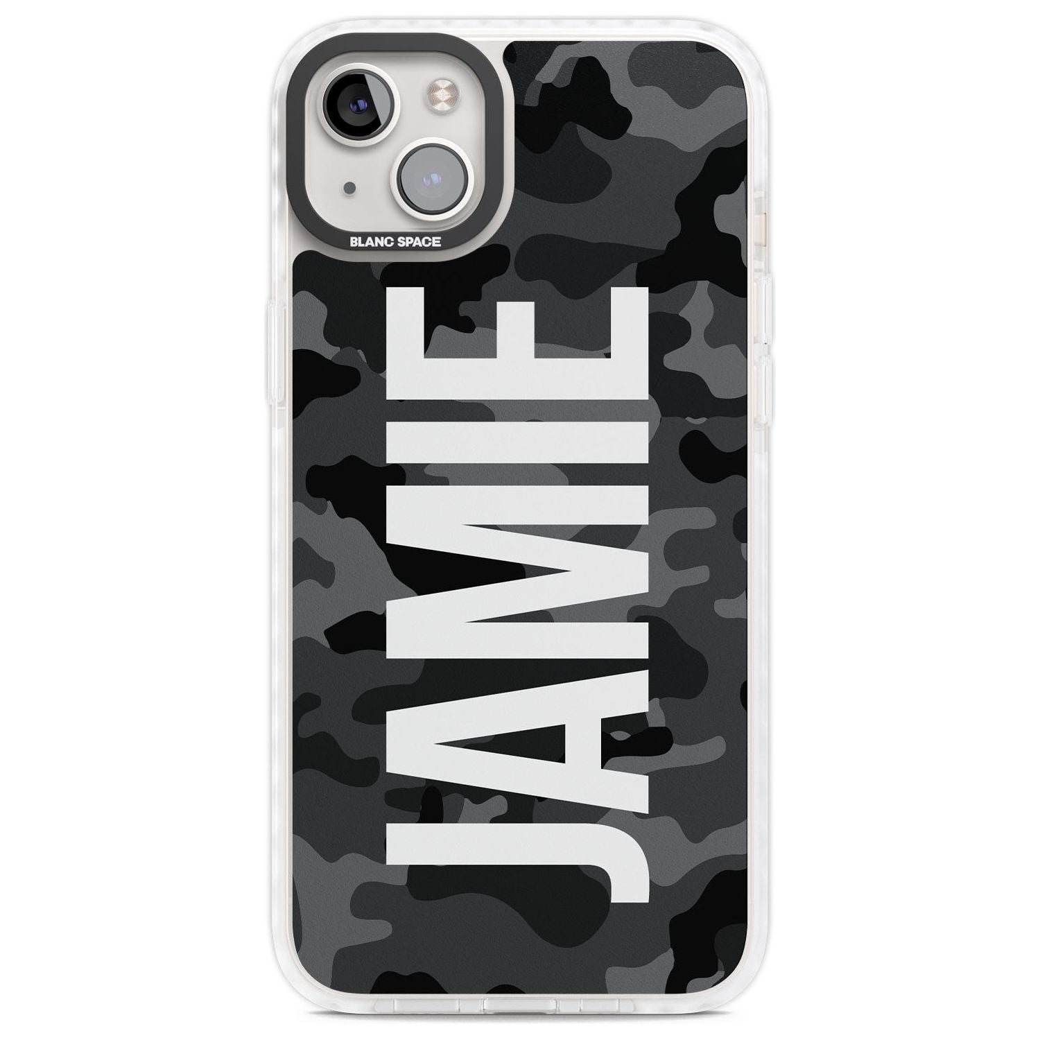 Personalised Vertical Name Black Camouflage Custom Phone Case iPhone 14 Plus / Impact Case Blanc Space