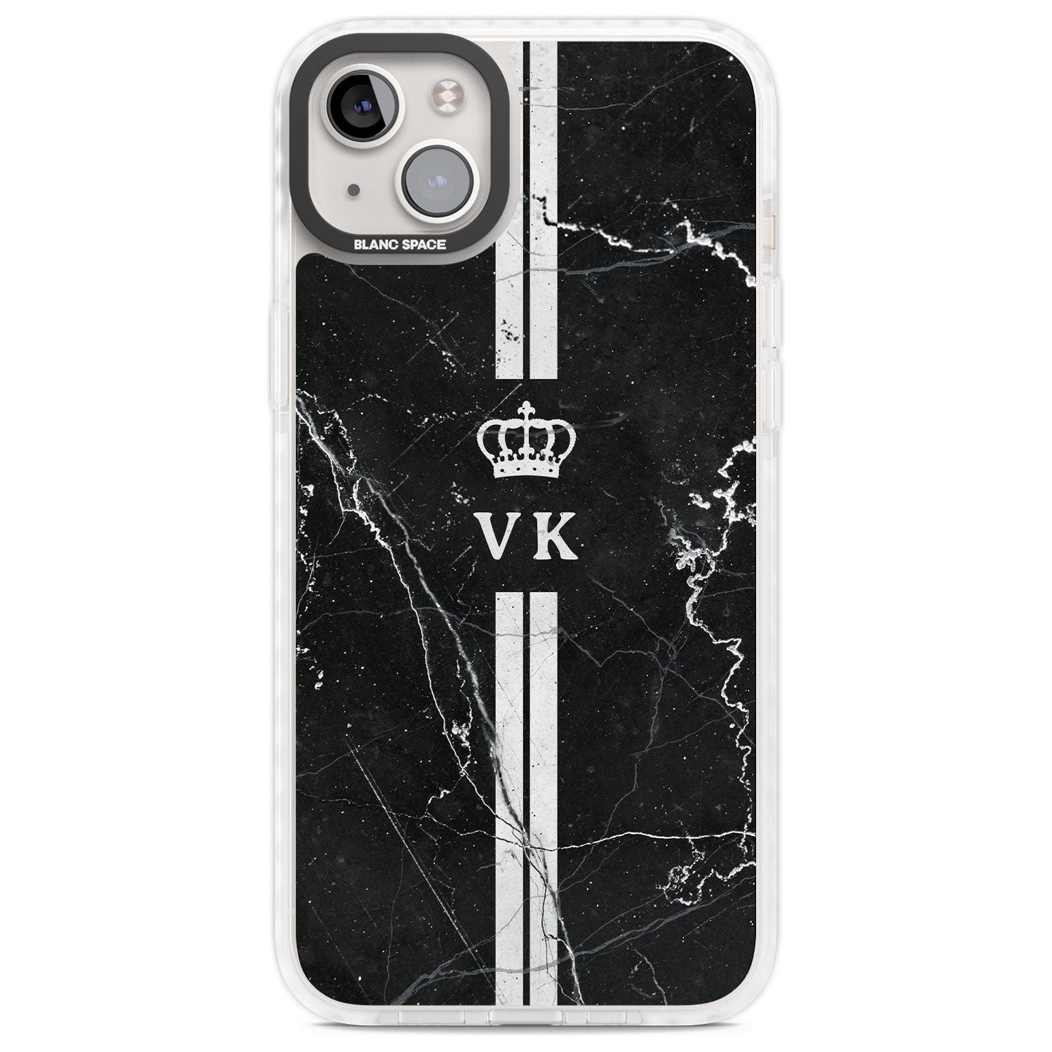 Personalised Stripes + Initials with Crown on Black Marble Custom Phone Case iPhone 14 Plus / Impact Case Blanc Space