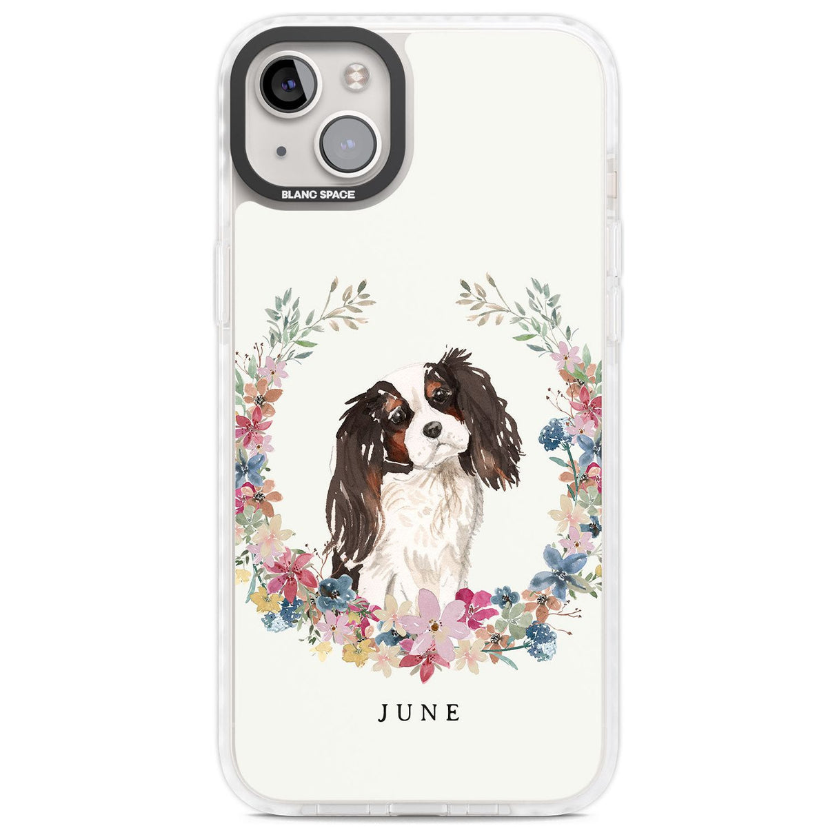 Personalised Tri Coloured King Charles Watercolour Dog Portrait Custom Phone Case iPhone 14 Plus / Impact Case Blanc Space