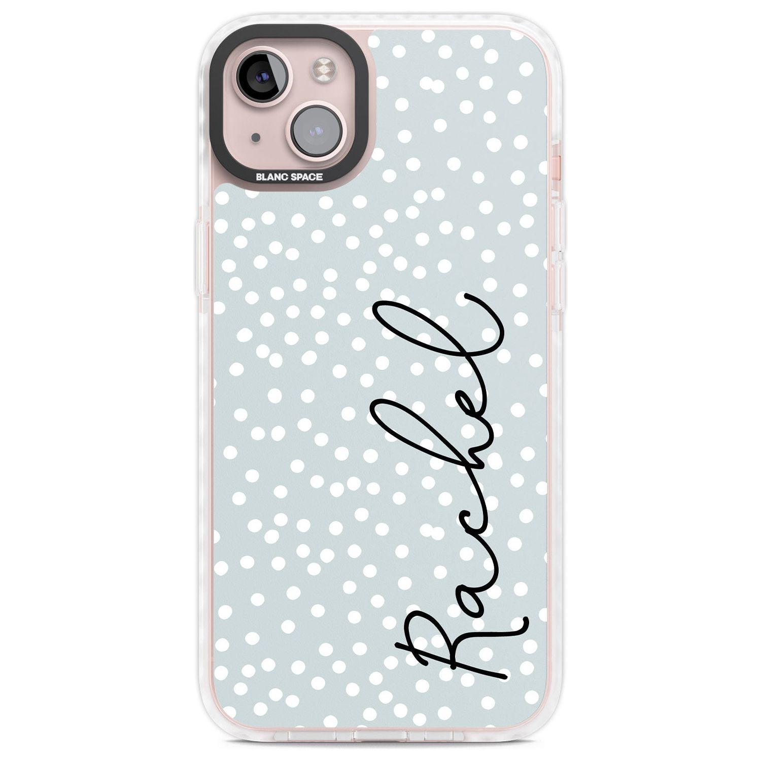 Personalised Vertical Cursive & Dots Custom Phone Case iPhone 14 Plus / Impact Case Blanc Space