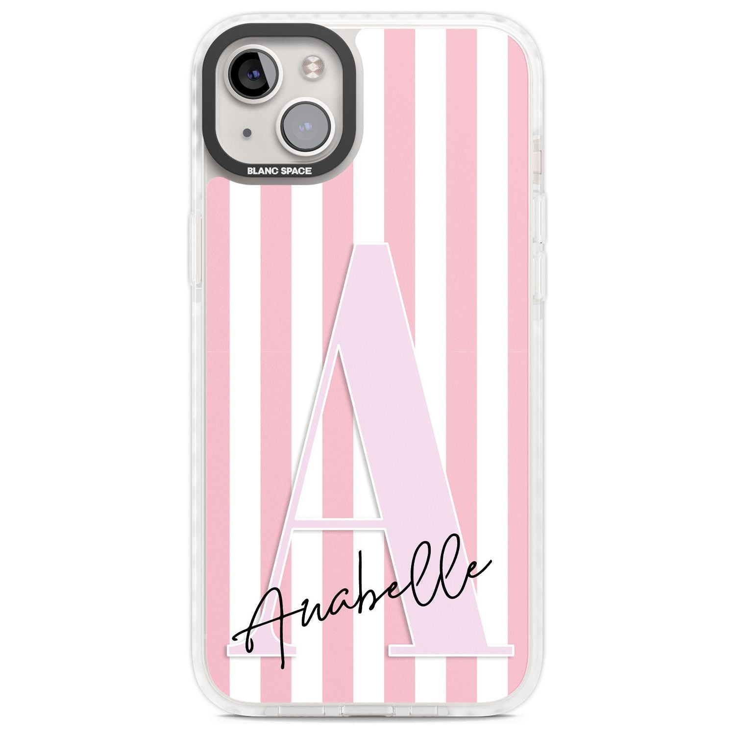 Personalised Pink Stripes & Large Monogram Custom Phone Case iPhone 14 Plus / Impact Case Blanc Space