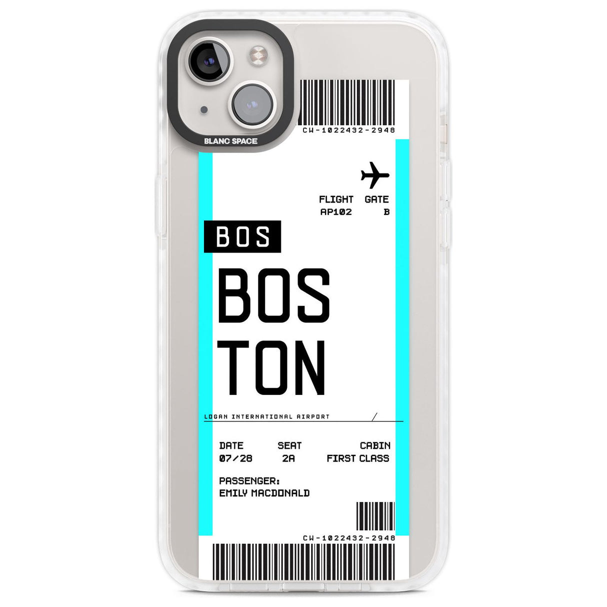 Personalised Boston Boarding Pass Custom Phone Case iPhone 14 Plus / Impact Case Blanc Space