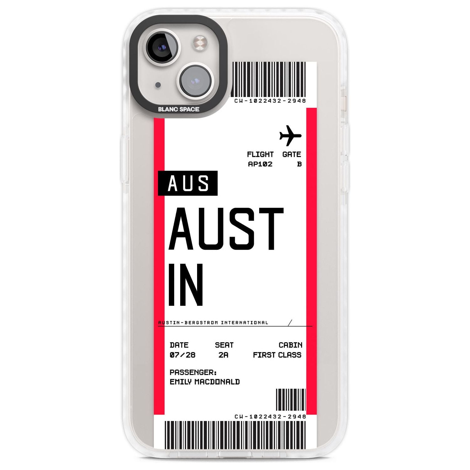 Personalised Austin Boarding Pass Custom Phone Case iPhone 14 Plus / Impact Case Blanc Space