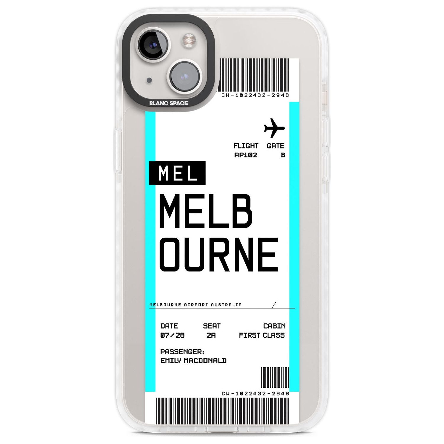 Personalised Melbourne Boarding Pass Custom Phone Case iPhone 14 Plus / Impact Case Blanc Space