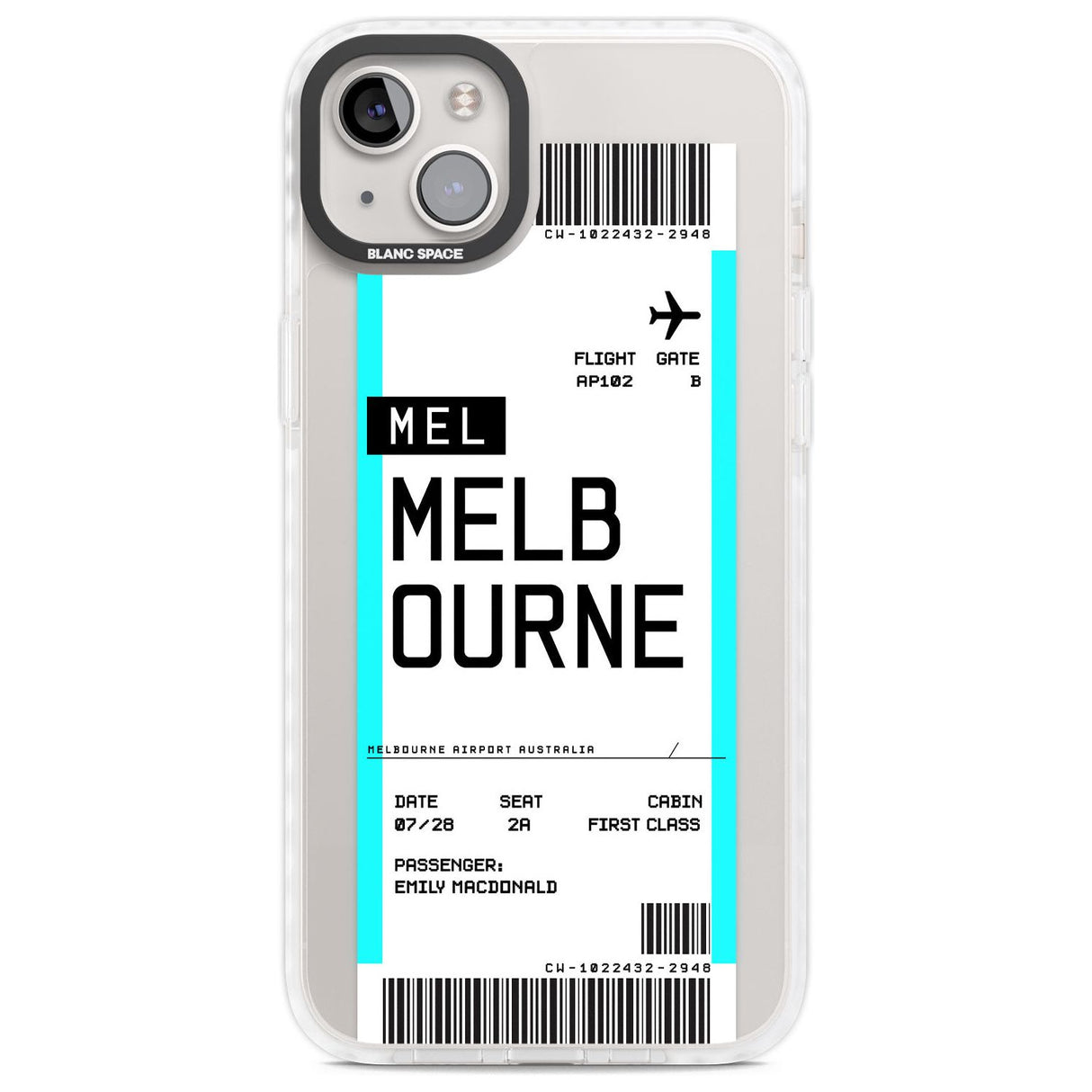 Personalised Melbourne Boarding Pass Custom Phone Case iPhone 14 Plus / Impact Case Blanc Space