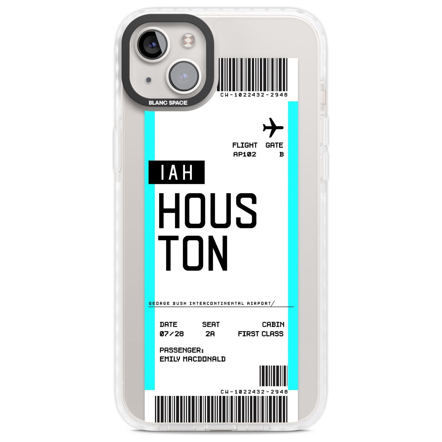 Personalised Houston Boarding Pass Custom Phone Case iPhone 14 Plus / Impact Case Blanc Space