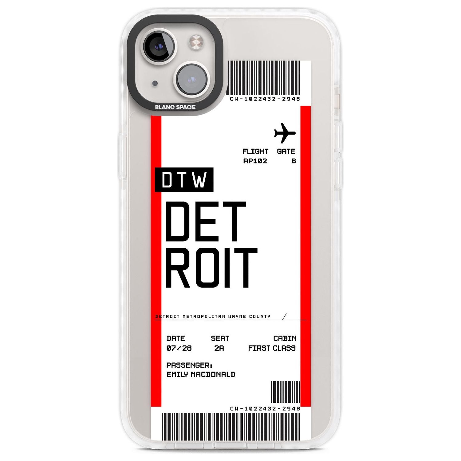 Personalised Detroit Boarding Pass Custom Phone Case iPhone 14 Plus / Impact Case Blanc Space
