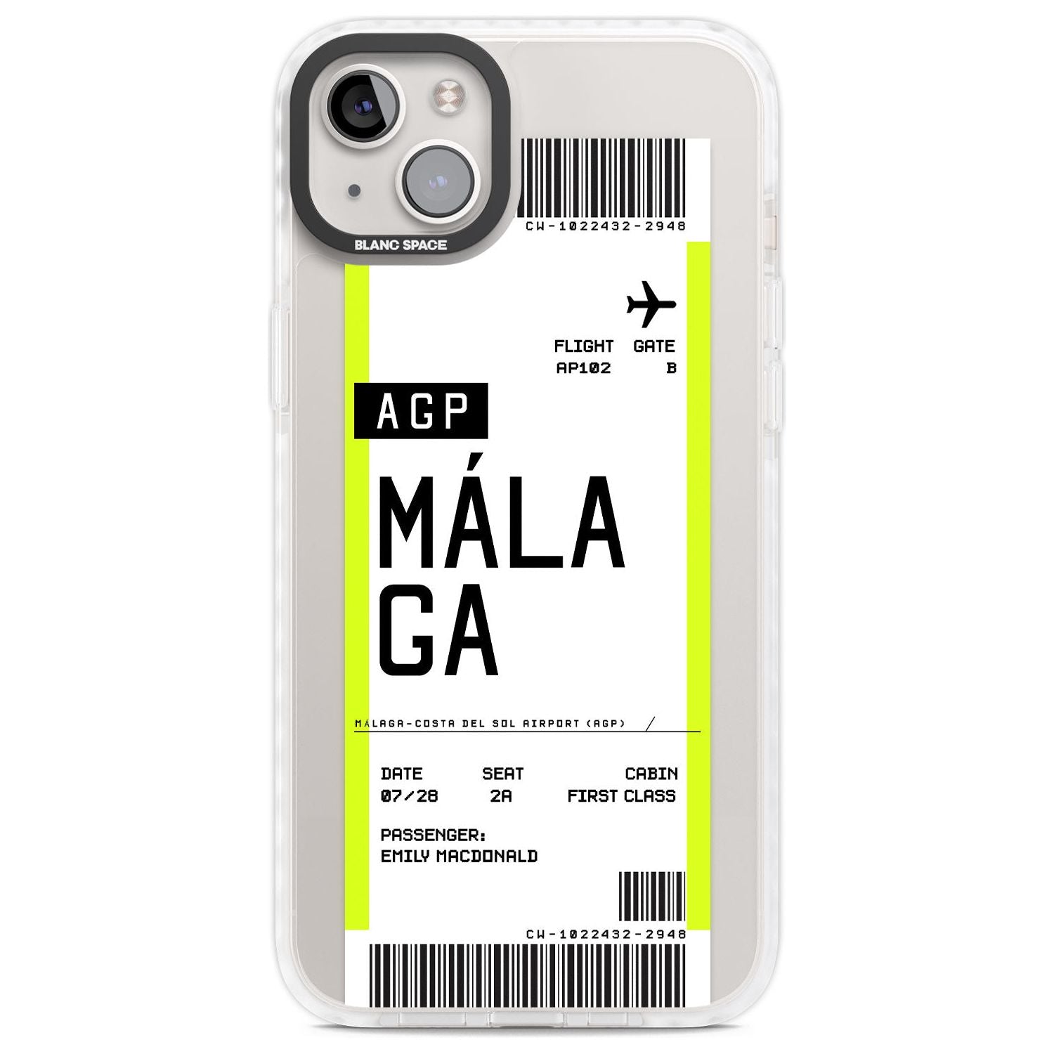 Personalised Málaga Boarding Pass Custom Phone Case iPhone 14 Plus / Impact Case Blanc Space
