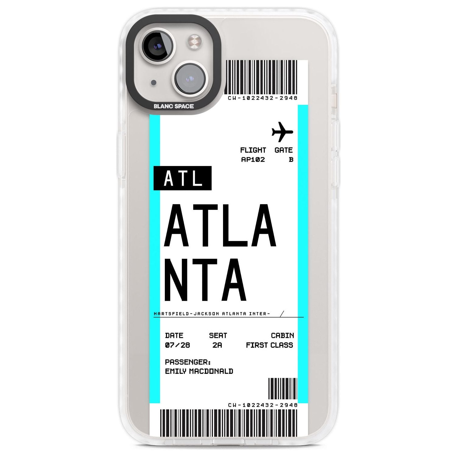 Personalised Atlanta Boarding Pass Custom Phone Case iPhone 14 Plus / Impact Case Blanc Space