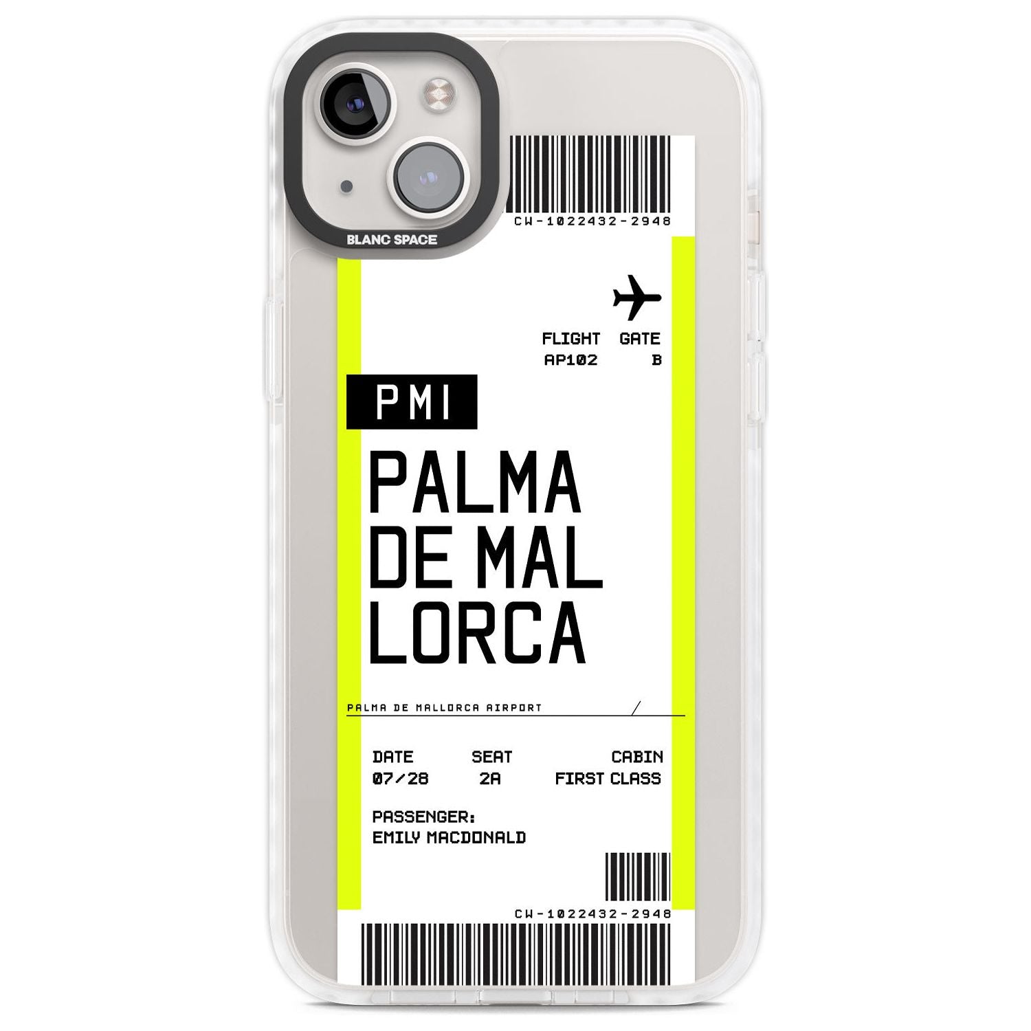 Personalised Palma De Mallorca Boarding Pass Custom Phone Case iPhone 14 Plus / Impact Case Blanc Space