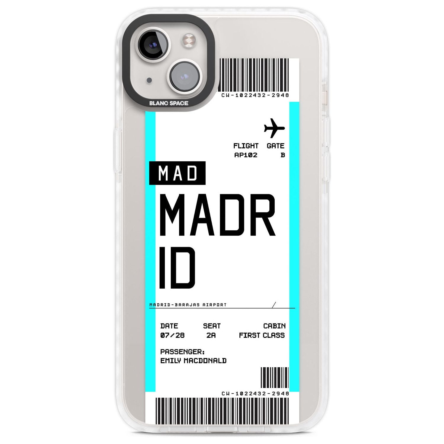 Personalised Madrid Boarding Pass Custom Phone Case iPhone 14 Plus / Impact Case Blanc Space