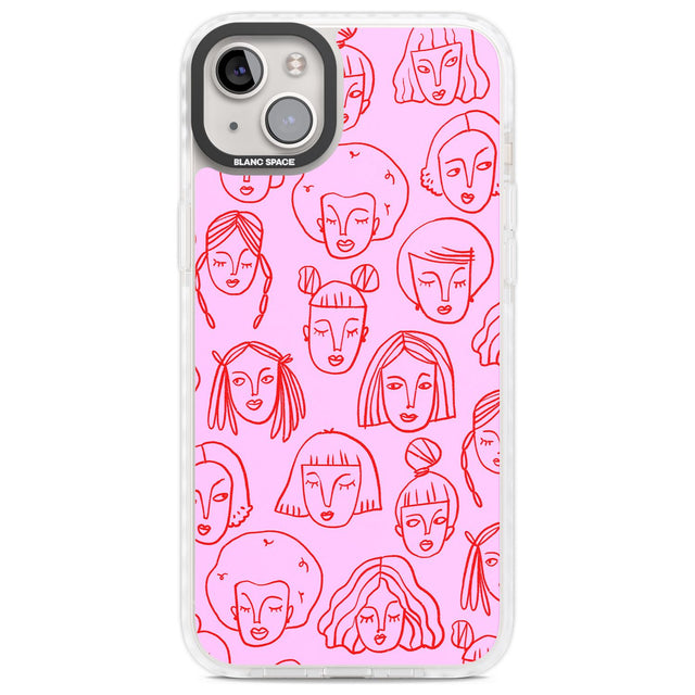 Girl Portrait Doodles in Pink & Red Phone Case iPhone 14 Plus / Impact Case Blanc Space