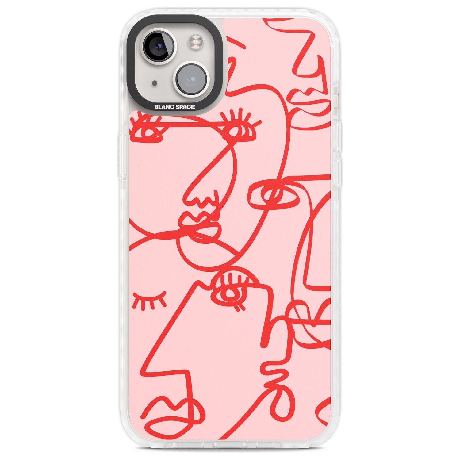 Abstract Continuous Line Faces Red on Pink Phone Case iPhone 14 Plus / Impact Case Blanc Space