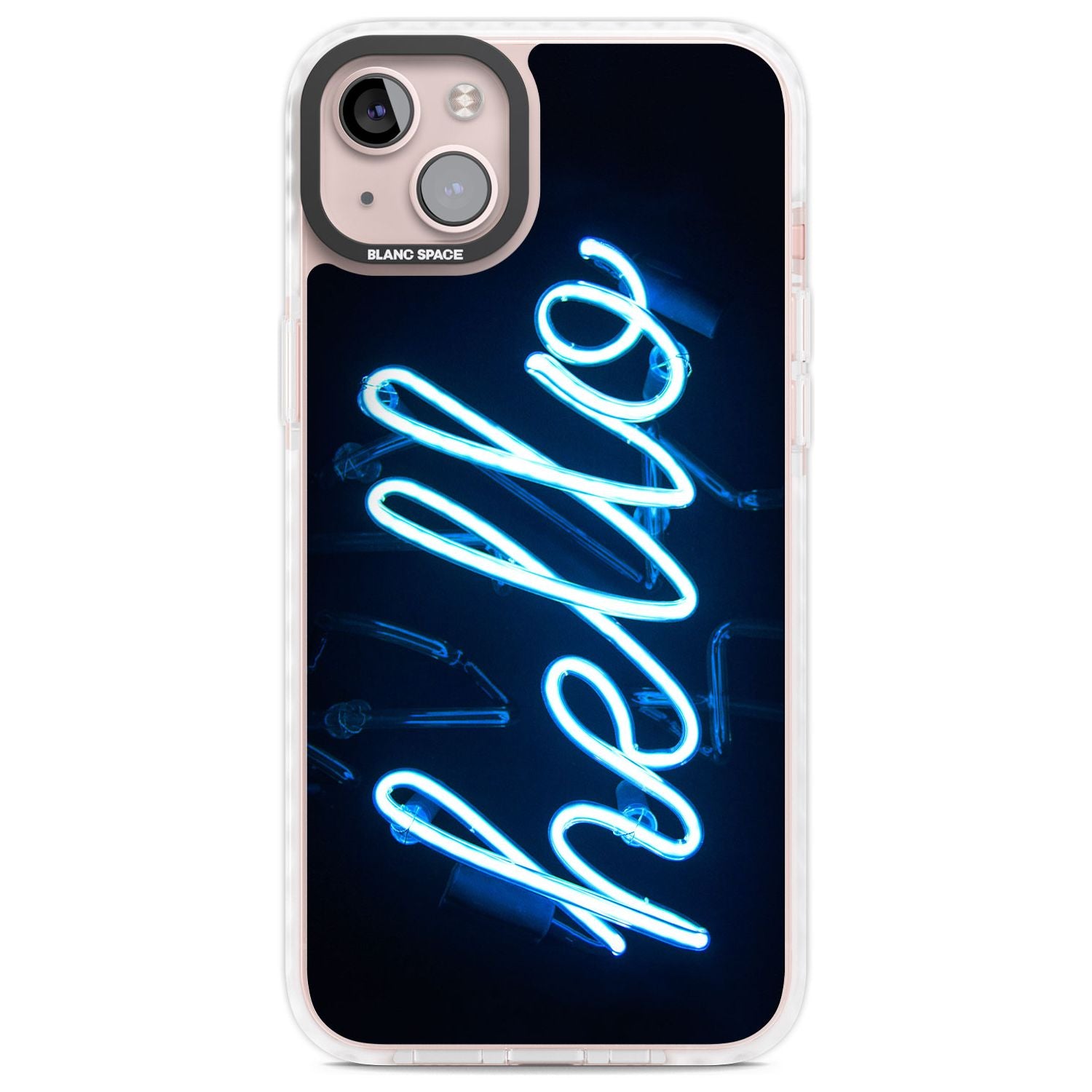 "Hello" Blue Cursive Neon Sign Phone Case iPhone 14 Plus / Impact Case Blanc Space