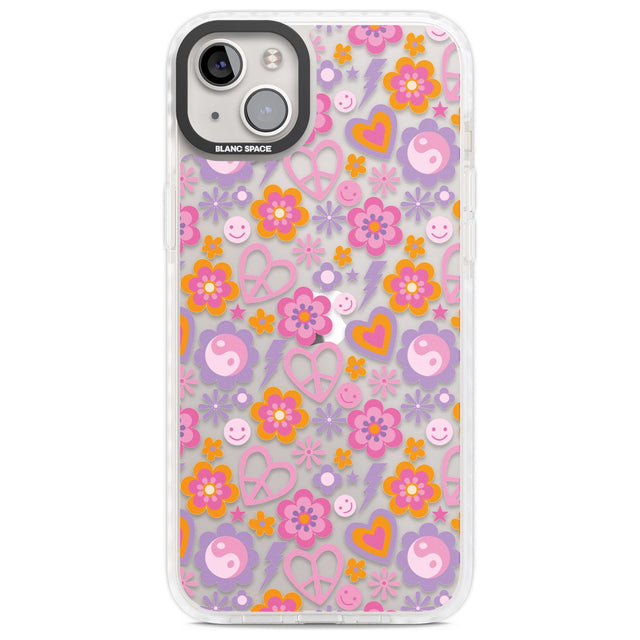 Peace, Love and Flowers Pattern Phone Case iPhone 14 Plus / Impact Case Blanc Space