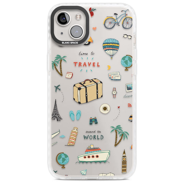 Cute Travel Pattern Transparent Phone Case iPhone 14 Plus / Impact Case Blanc Space