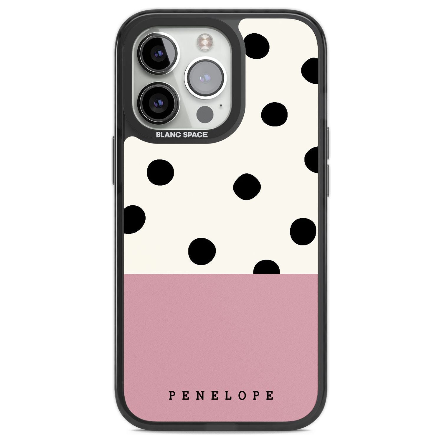 Personalised Pink Border Polka Dot Custom Phone Case iPhone 13 Pro / Black Impact Case,iPhone 14 Pro / Black Impact Case,iPhone 15 Pro Max / Black Impact Case,iPhone 15 Pro / Black Impact Case Blanc Space