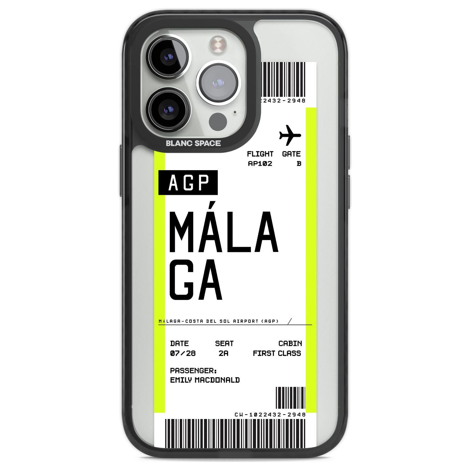 Personalised Málaga Boarding Pass Custom Phone Case iPhone 13 Pro / Black Impact Case,iPhone 14 Pro / Black Impact Case,iPhone 15 Pro Max / Black Impact Case,iPhone 15 Pro / Black Impact Case Blanc Space
