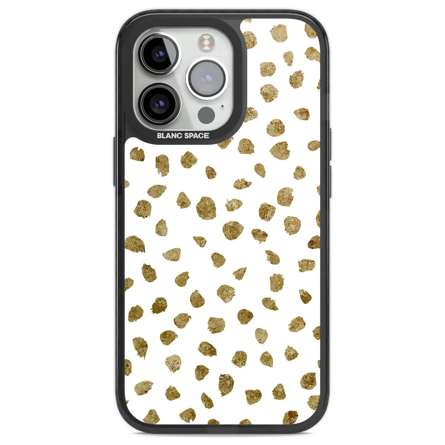 Gold Look on White Dalmatian Polka Dot Spots Phone Case iPhone 13 Pro / Black Impact Case,iPhone 14 Pro / Black Impact Case,iPhone 15 Pro Max / Black Impact Case,iPhone 15 Pro / Black Impact Case Blanc Space