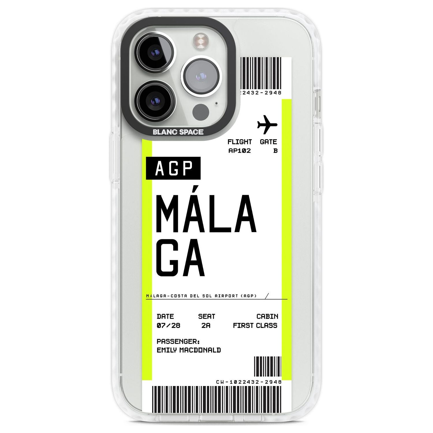 Personalised Málaga Boarding Pass Custom Phone Case iPhone 13 Pro / Impact Case,iPhone 14 Pro / Impact Case,iPhone 15 Pro Max / Impact Case,iPhone 15 Pro / Impact Case Blanc Space