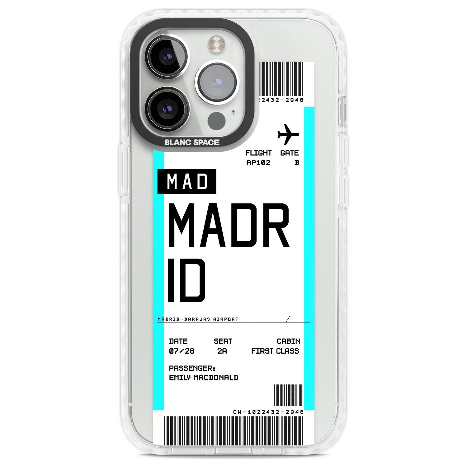 Personalised Madrid Boarding Pass Custom Phone Case iPhone 13 Pro / Impact Case,iPhone 14 Pro / Impact Case,iPhone 15 Pro Max / Impact Case,iPhone 15 Pro / Impact Case Blanc Space