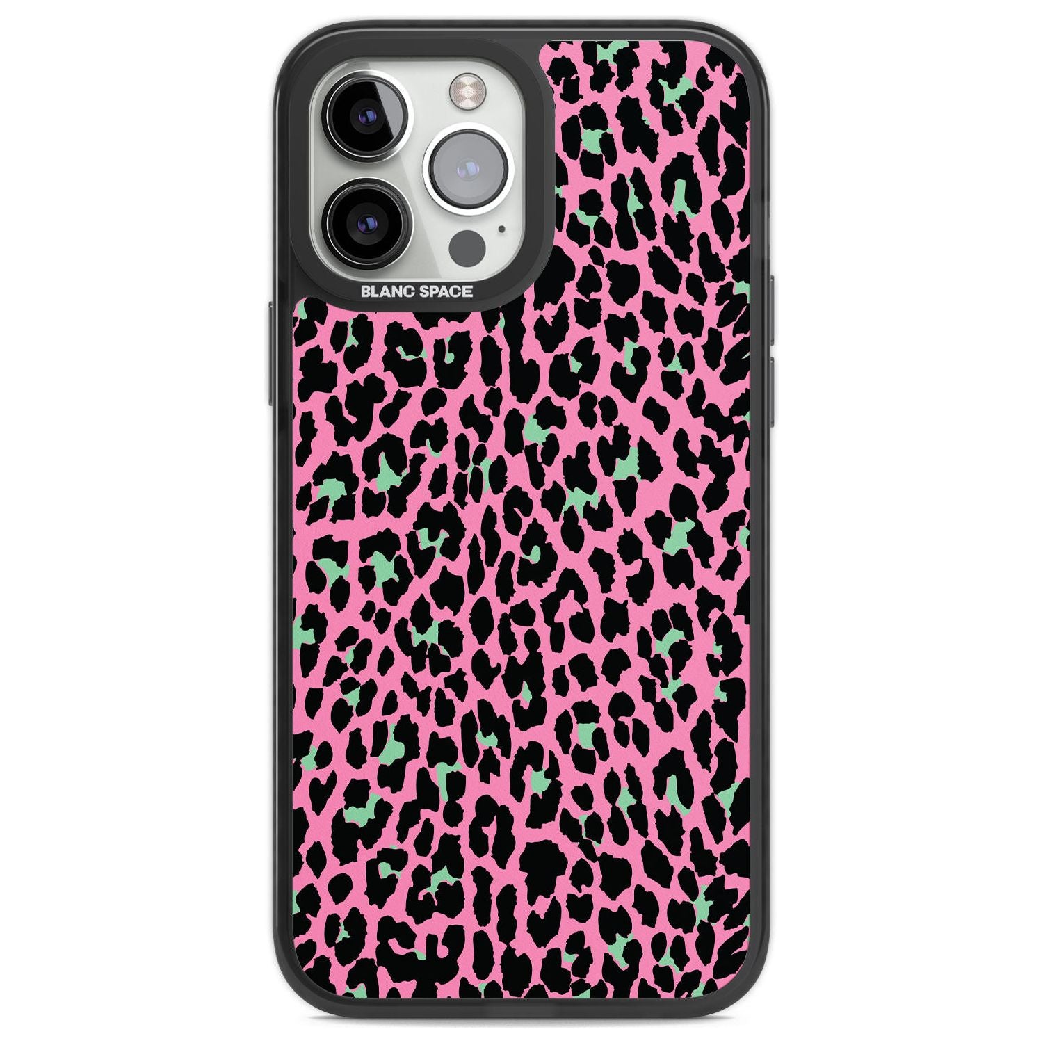 Green on Pink Leopard Print Pattern Phone Case iPhone 13 Pro Max / Black Impact Case,iPhone 14 Pro Max / Black Impact Case Blanc Space