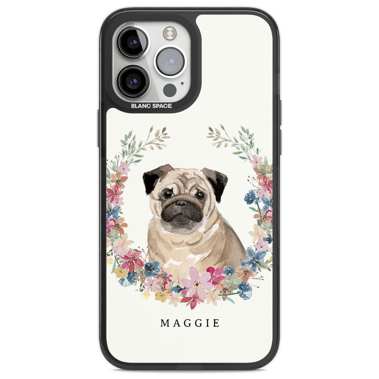 Personalised Pug - Watercolour Dog Portrait Custom Phone Case iPhone 13 Pro Max / Black Impact Case,iPhone 14 Pro Max / Black Impact Case Blanc Space