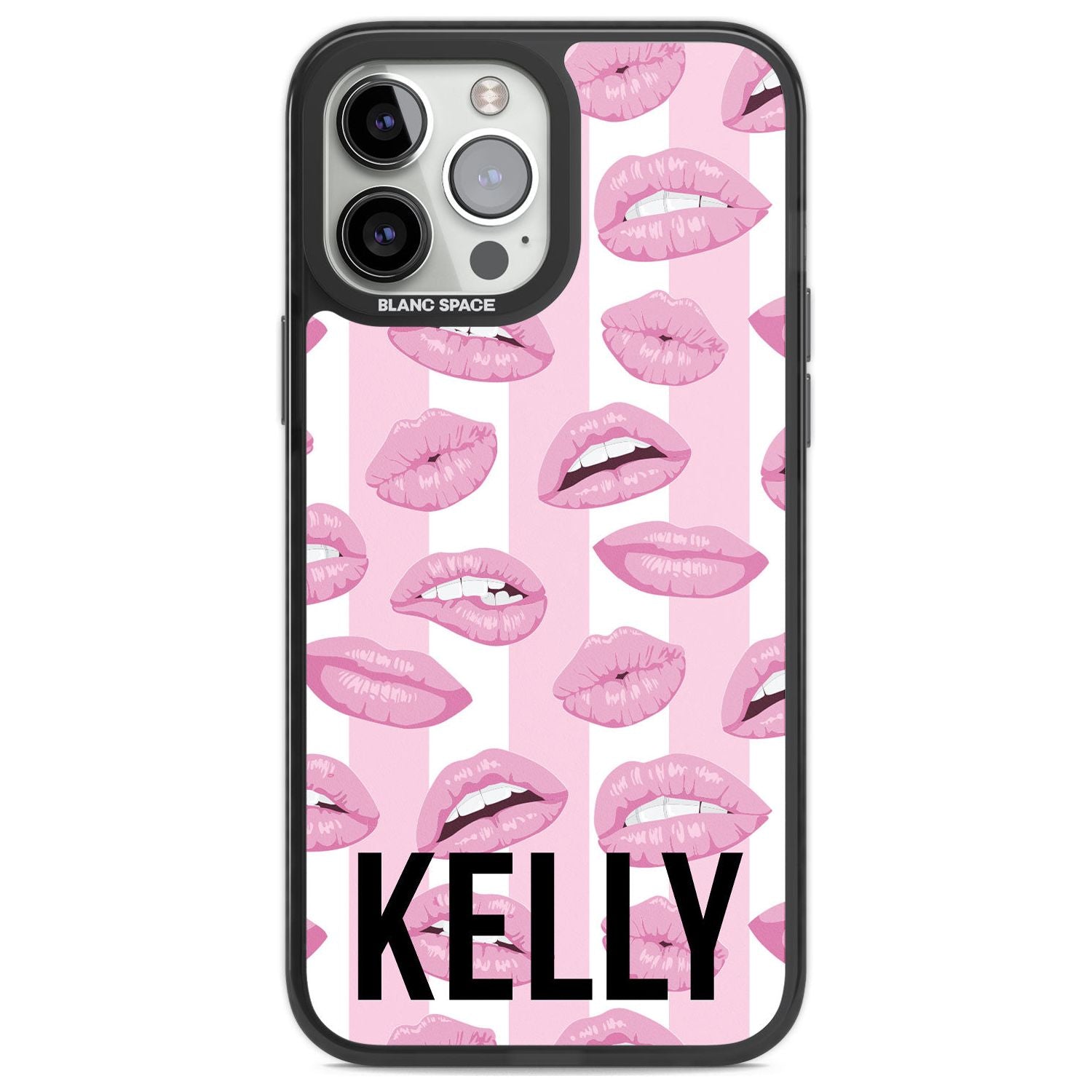 Personalised Pink Stripes & Lips Custom Phone Case iPhone 13 Pro Max / Black Impact Case,iPhone 14 Pro Max / Black Impact Case Blanc Space