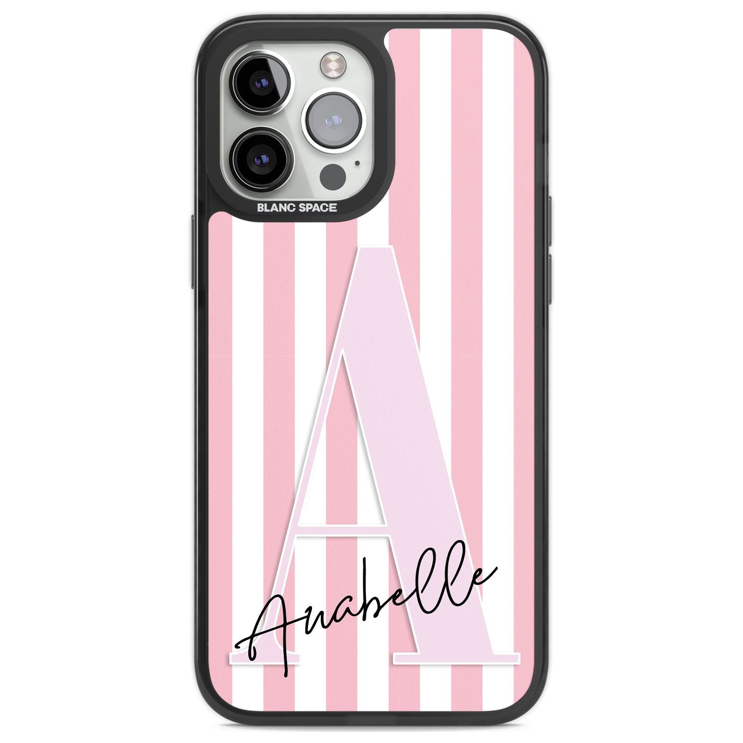 Personalised Pink Stripes & Large Monogram Custom Phone Case iPhone 13 Pro Max / Black Impact Case,iPhone 14 Pro Max / Black Impact Case Blanc Space