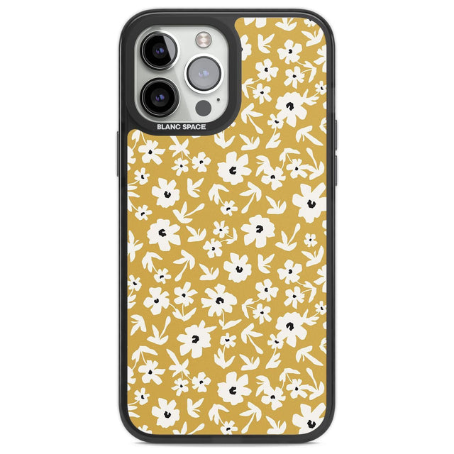 Floral Print on Mustard Cute Floral Phone Case iPhone 13 Pro Max / Black Impact Case,iPhone 14 Pro Max / Black Impact Case Blanc Space