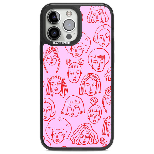 Girl Portrait Doodles in Pink & Red Phone Case iPhone 13 Pro Max / Black Impact Case,iPhone 14 Pro Max / Black Impact Case Blanc Space