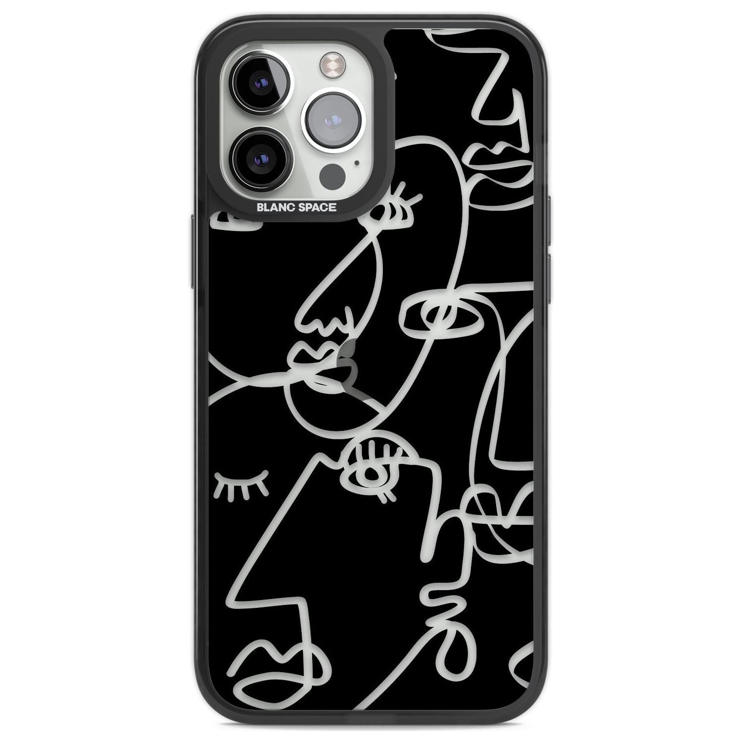 Abstract Continuous Line Faces Clear on Black Phone Case iPhone 13 Pro Max / Black Impact Case,iPhone 14 Pro Max / Black Impact Case Blanc Space