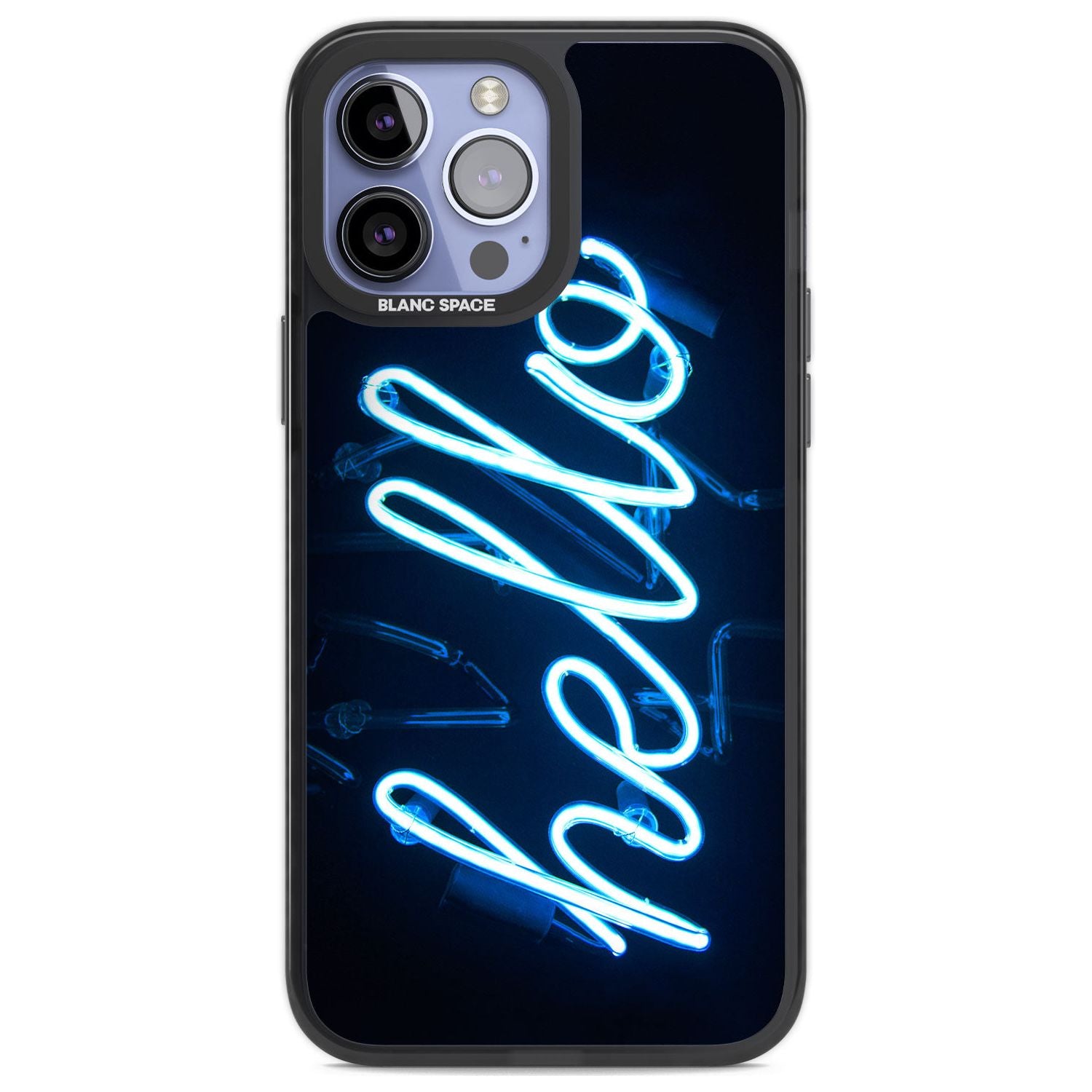 "Hello" Blue Cursive Neon Sign Phone Case iPhone 13 Pro Max / Black Impact Case,iPhone 14 Pro Max / Black Impact Case Blanc Space