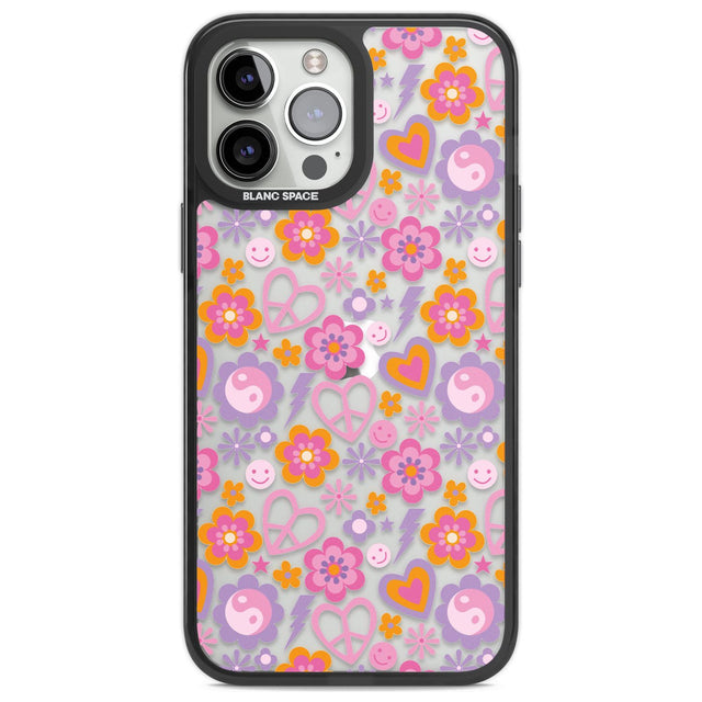Peace, Love and Flowers Pattern Phone Case iPhone 13 Pro Max / Black Impact Case,iPhone 14 Pro Max / Black Impact Case Blanc Space