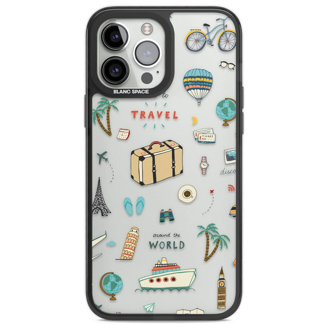 Cute Travel Pattern Transparent Phone Case iPhone 14 Pro Max / Black Impact Case,iPhone 13 Pro Max / Black Impact Case Blanc Space