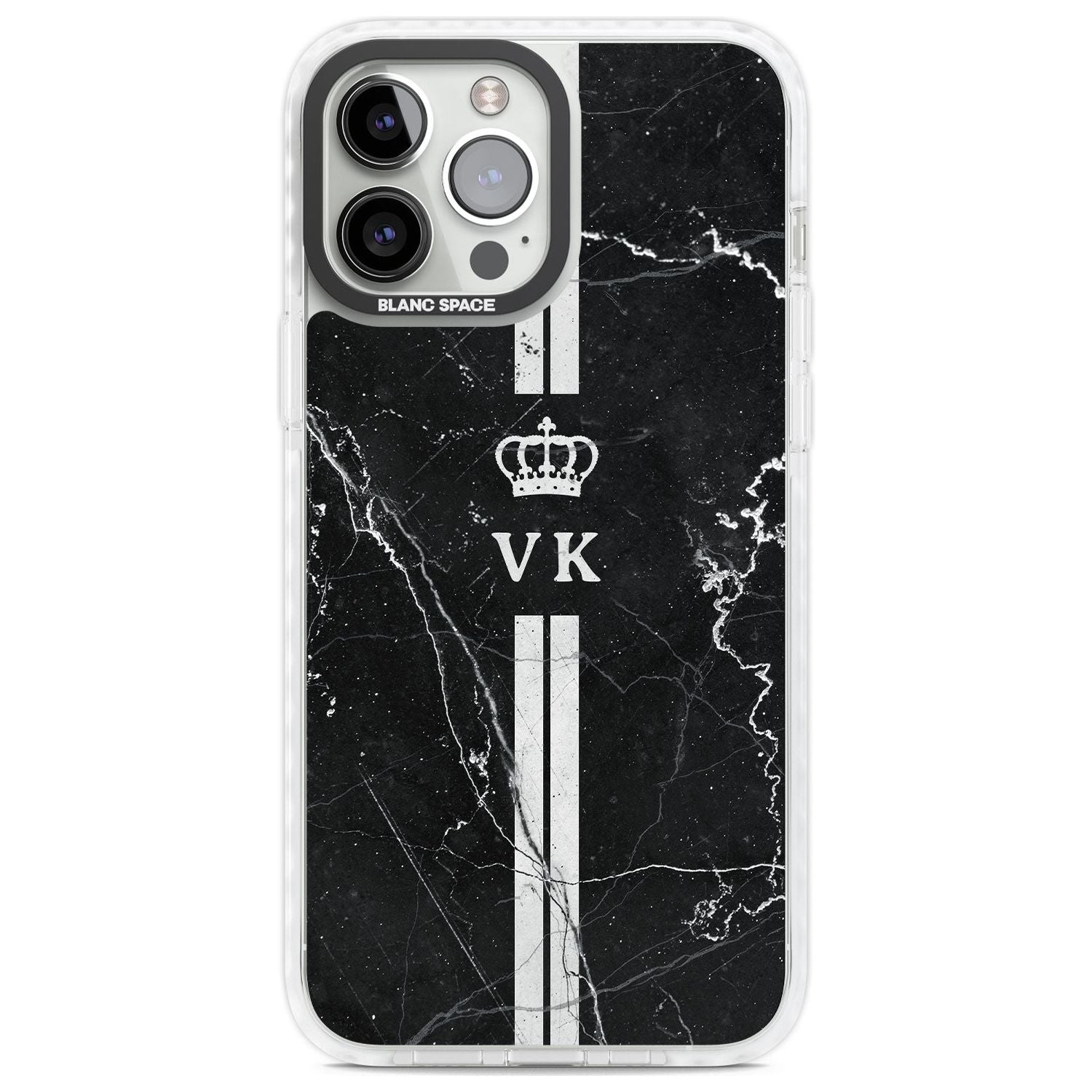 Personalised Stripes + Initials with Crown on Black Marble Custom Phone Case iPhone 13 Pro Max / Impact Case,iPhone 14 Pro Max / Impact Case Blanc Space