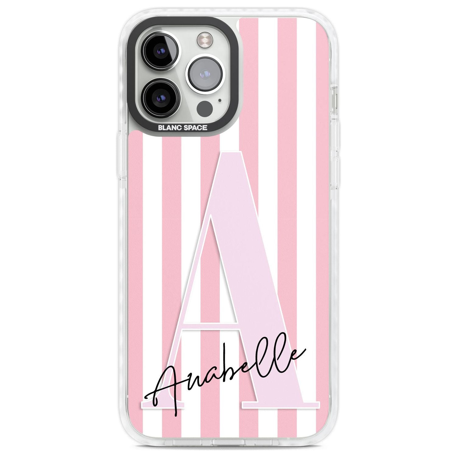 Personalised Pink Stripes & Large Monogram Custom Phone Case iPhone 13 Pro Max / Impact Case,iPhone 14 Pro Max / Impact Case Blanc Space