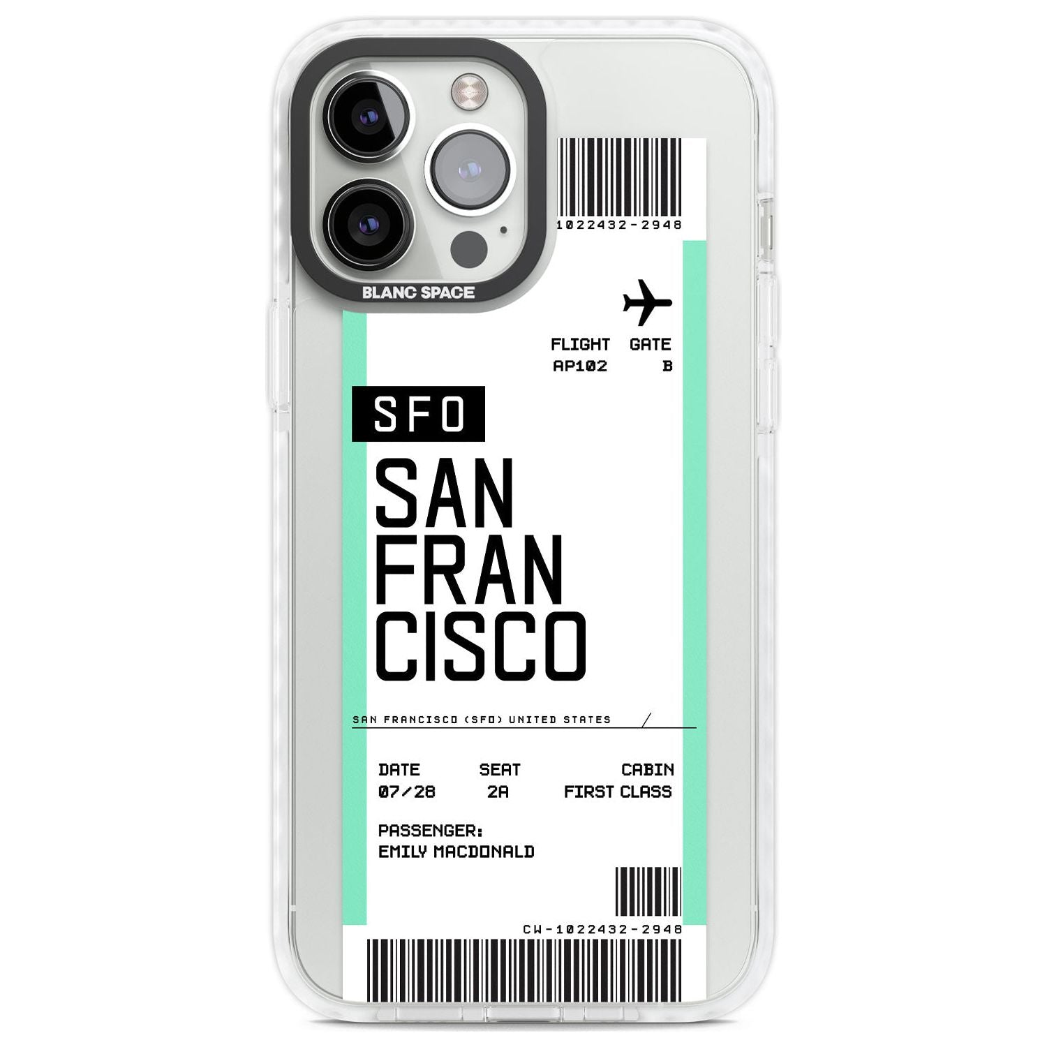 Personalised San Francisco Boarding Pass iPhone Case Blanc Space